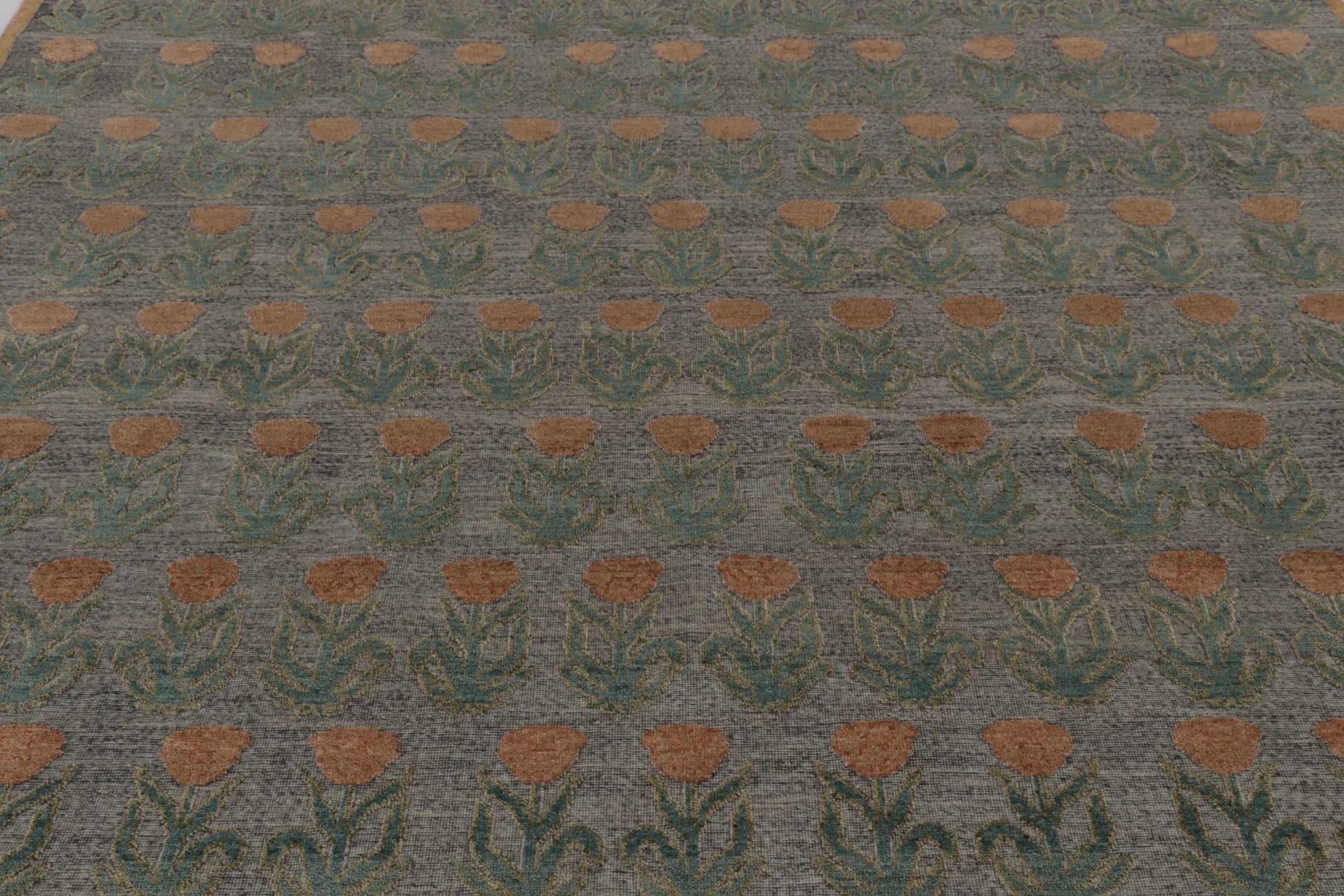 Rug & Kilim's Block Print Rug Design in Gray with Rust and Green Floral Motifs Rugs