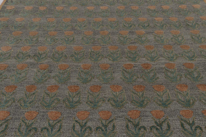 Rug & Kilim's Block Print Rug Design in Gray with Rust and Green Floral Motifs Rugs