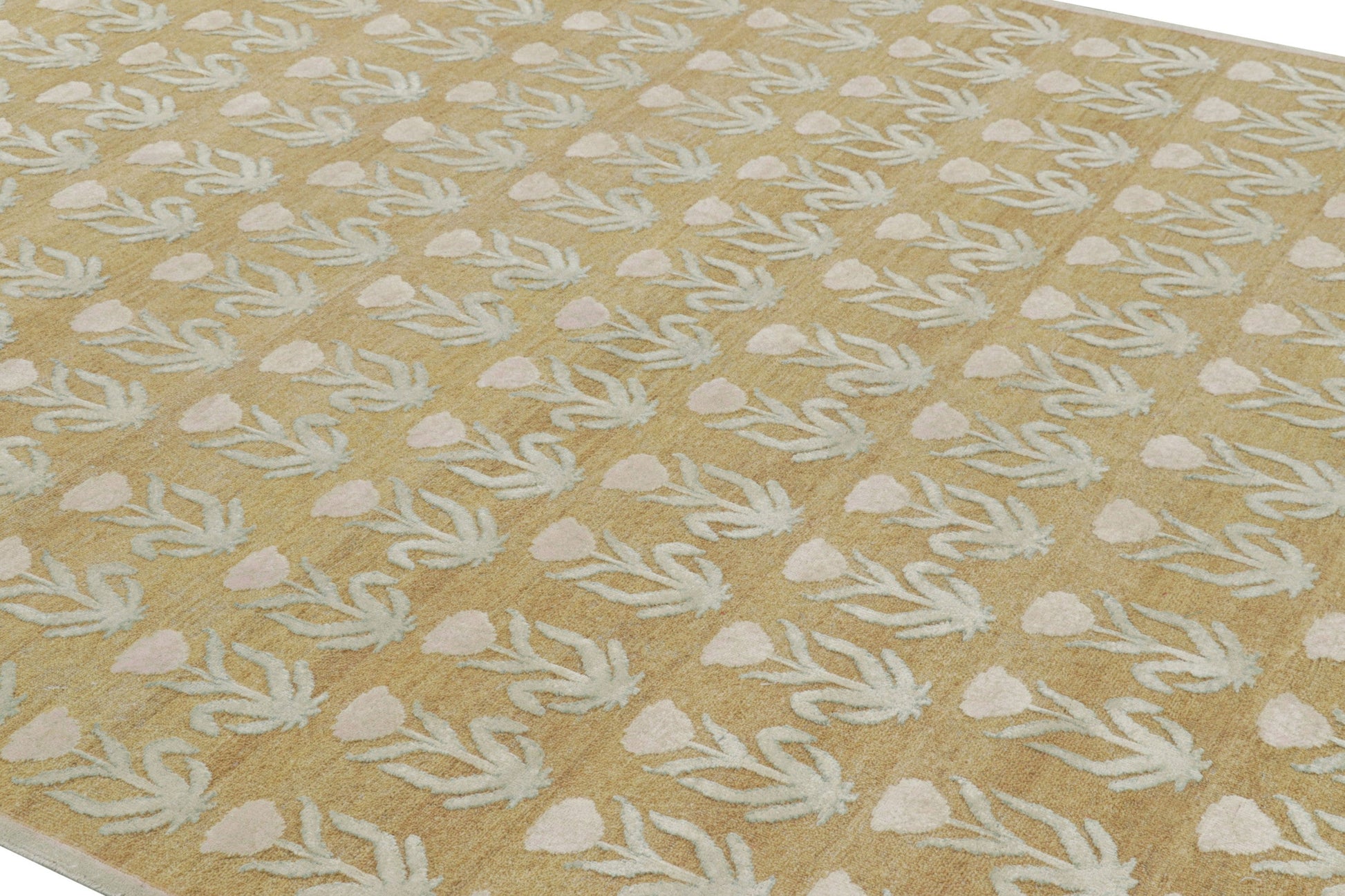 Rug & Kilim's Block Print Rug Design with Pink and Green Floral Patterns Rugs