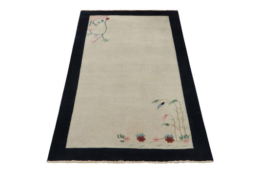 Rug & Kilim's Chinese Art Deco Runner Rug in Cream White with Floral Pattern Rugs