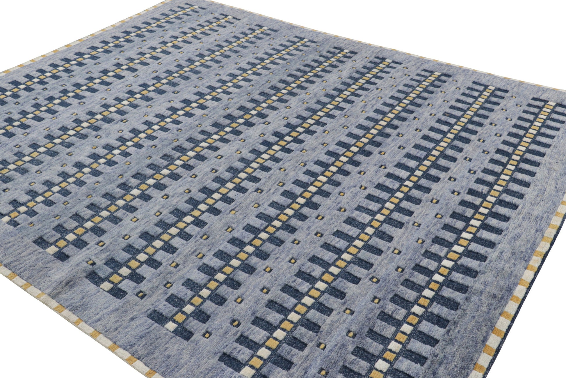 Rug & Kilim's Scandinavian Rug in Blue Gold and Off-White Geometric Patterns Rugs