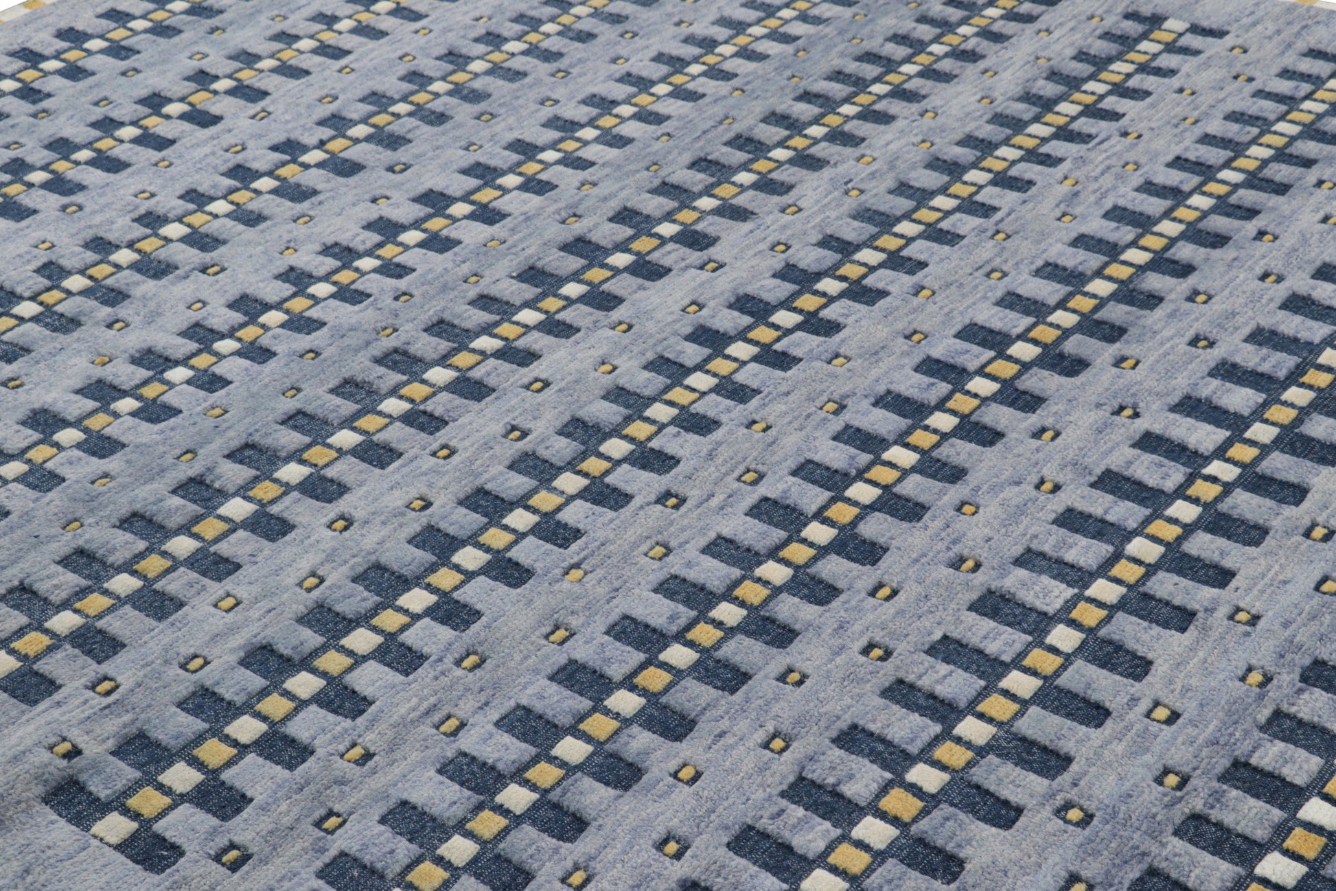 Rug & Kilim's Scandinavian Rug in Blue Gold and Off-White Geometric Patterns Rugs