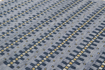 Rug & Kilim's Scandinavian Rug in Blue Gold and Off-White Geometric Patterns Rugs