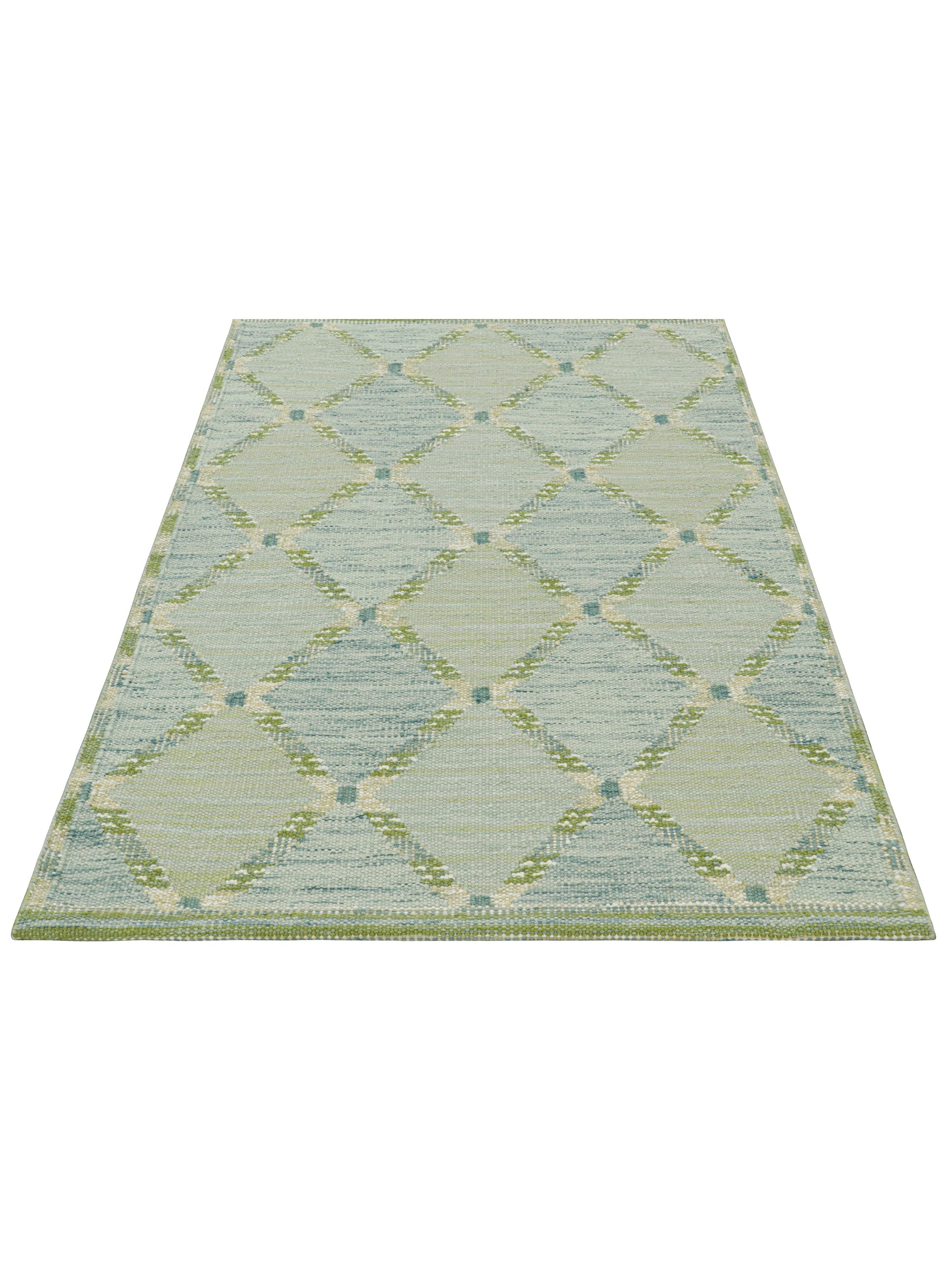 Rug & Kilim's Scandinavian Rug in Green and Blue Lattice Diamond Patterns Rugs