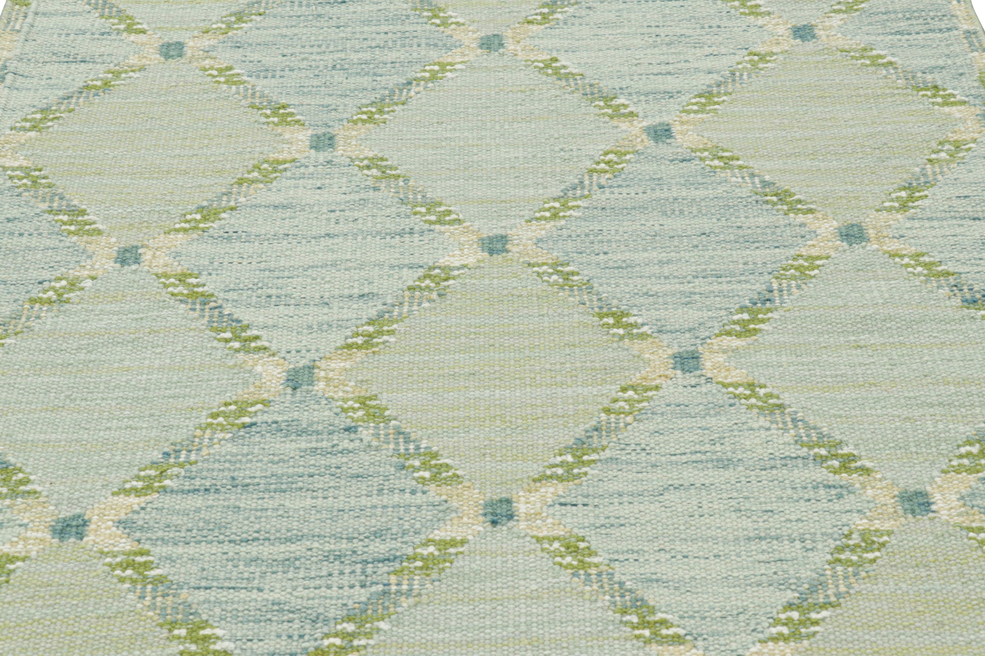 Rug & Kilim's Scandinavian Rug in Green and Blue Lattice Diamond Patterns Rugs