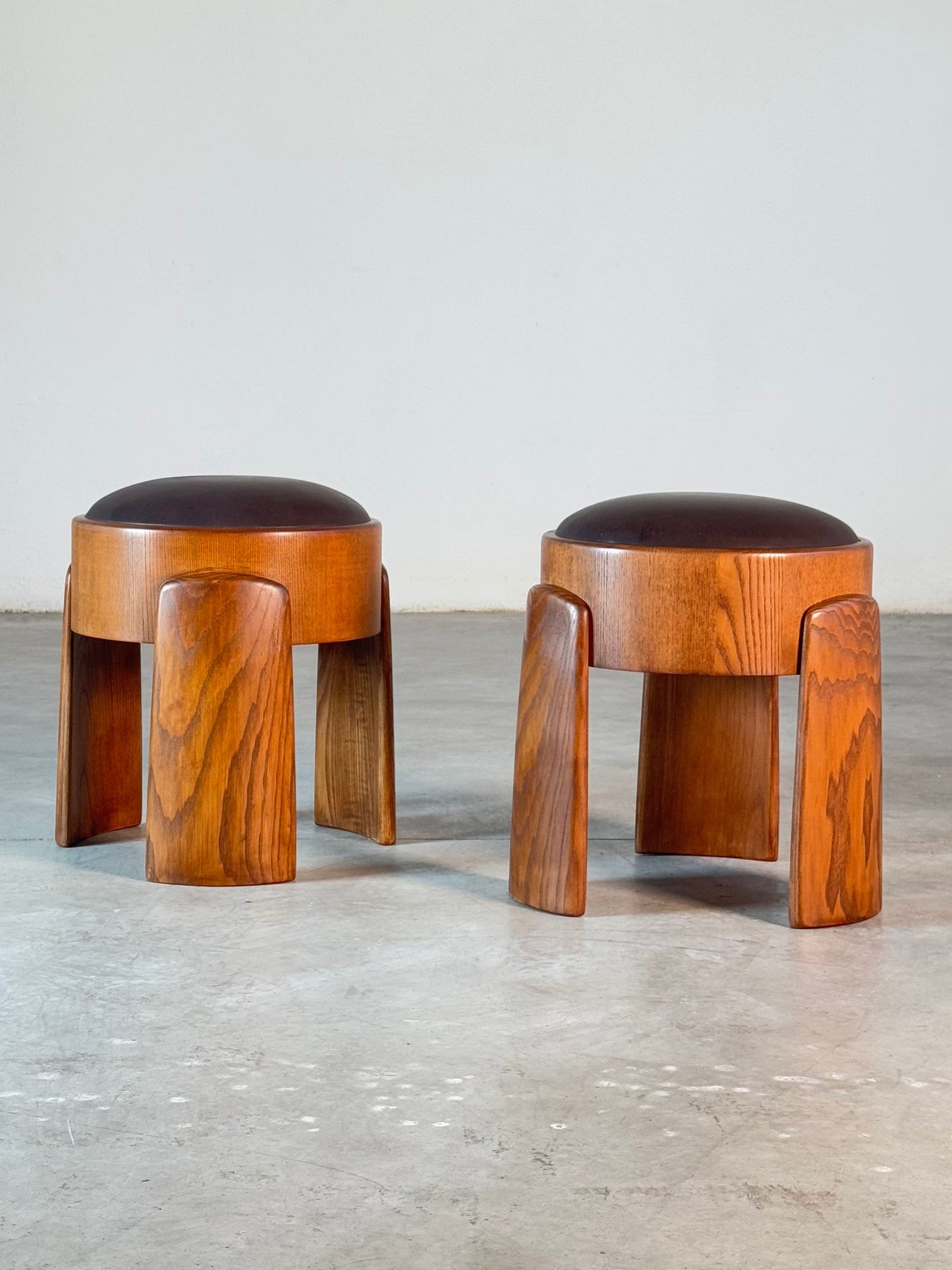 Sculptural Ash Wood Stools with B.V. Waxed Dark Brown Leather by FORME Stools