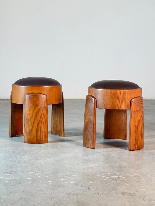 Sculptural Ash Wood Stools with B.V. Waxed Dark Brown Leather by FORME Stools