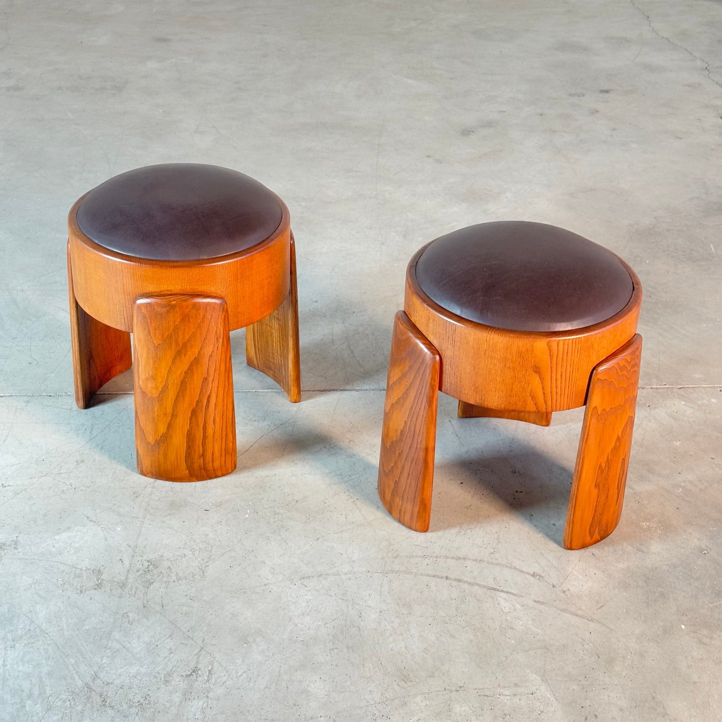 Sculptural Ash Wood Stools with B.V. Waxed Dark Brown Leather by FORME Stools