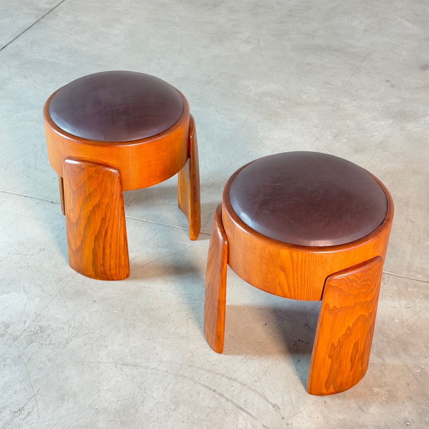 Sculptural Ash Wood Stools with B.V. Waxed Dark Brown Leather by FORME Stools