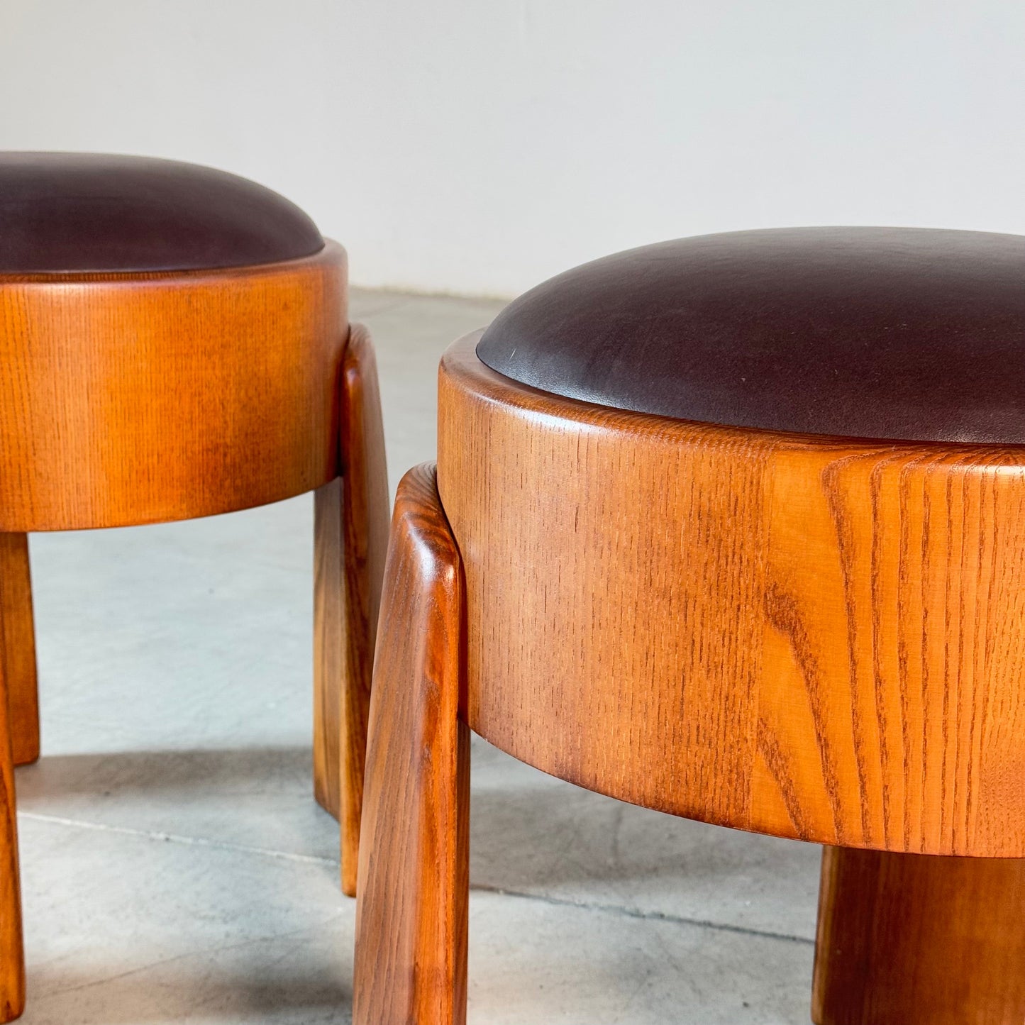 Sculptural Ash Wood Stools with B.V. Waxed Dark Brown Leather by FORME Stools
