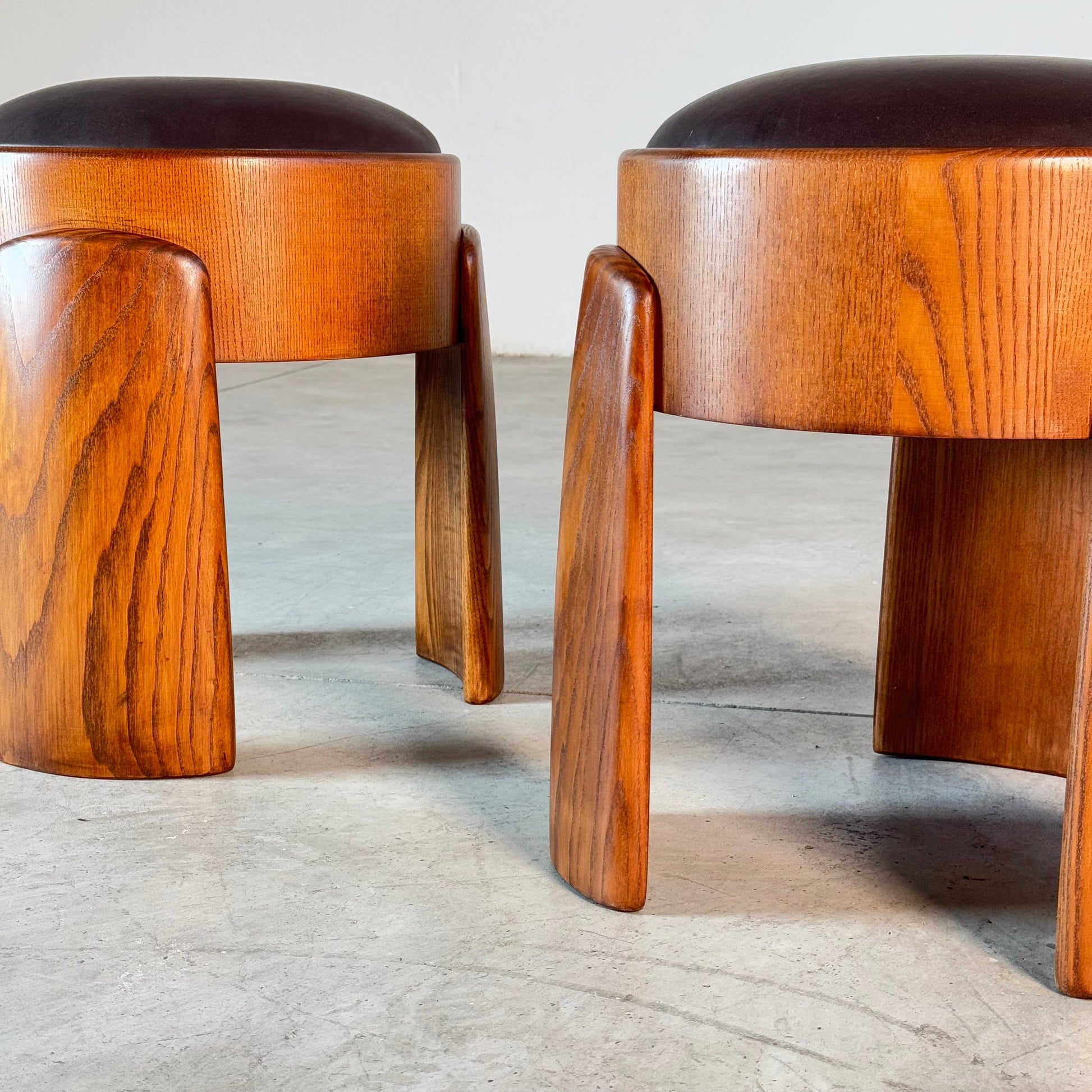 Sculptural Ash Wood Stools with B.V. Waxed Dark Brown Leather by FORME Stools