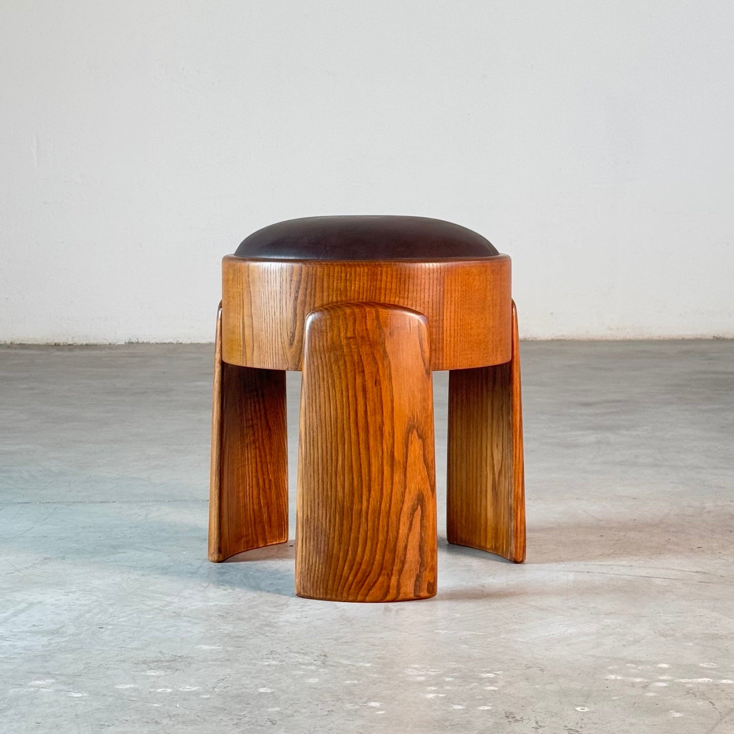 Sculptural Ash Wood Stools with B.V. Waxed Dark Brown Leather by FORME Stools