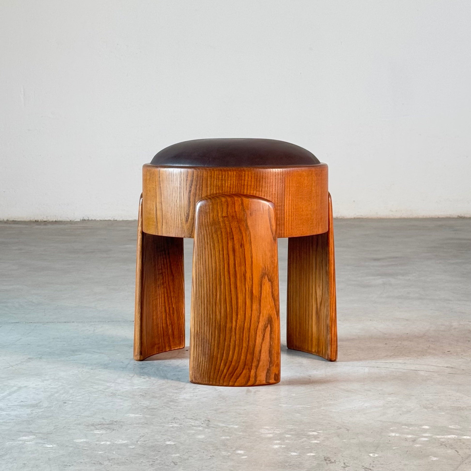 Sculptural Ash Wood Stools with B.V. Waxed Dark Brown Leather by FORME Stools