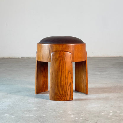 Sculptural Ash Wood Stools with B.V. Waxed Dark Brown Leather by FORME Stools
