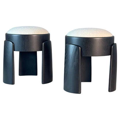 Sculptural Pair of Black Ash Wood Stools with Dedar Milano Boucle Ivory by FORME Stools