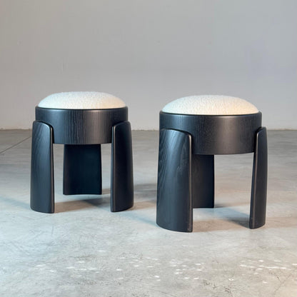Sculptural Pair of Black Ash Wood Stools with Dedar Milano Boucle Ivory by FORME Stools