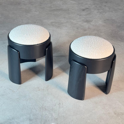 Sculptural Pair of Black Ash Wood Stools with Dedar Milano Boucle Ivory by FORME Stools