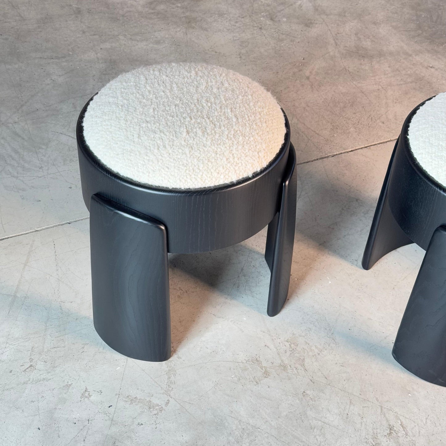 Sculptural Pair of Black Ash Wood Stools with Dedar Milano Boucle Ivory by FORME Stools