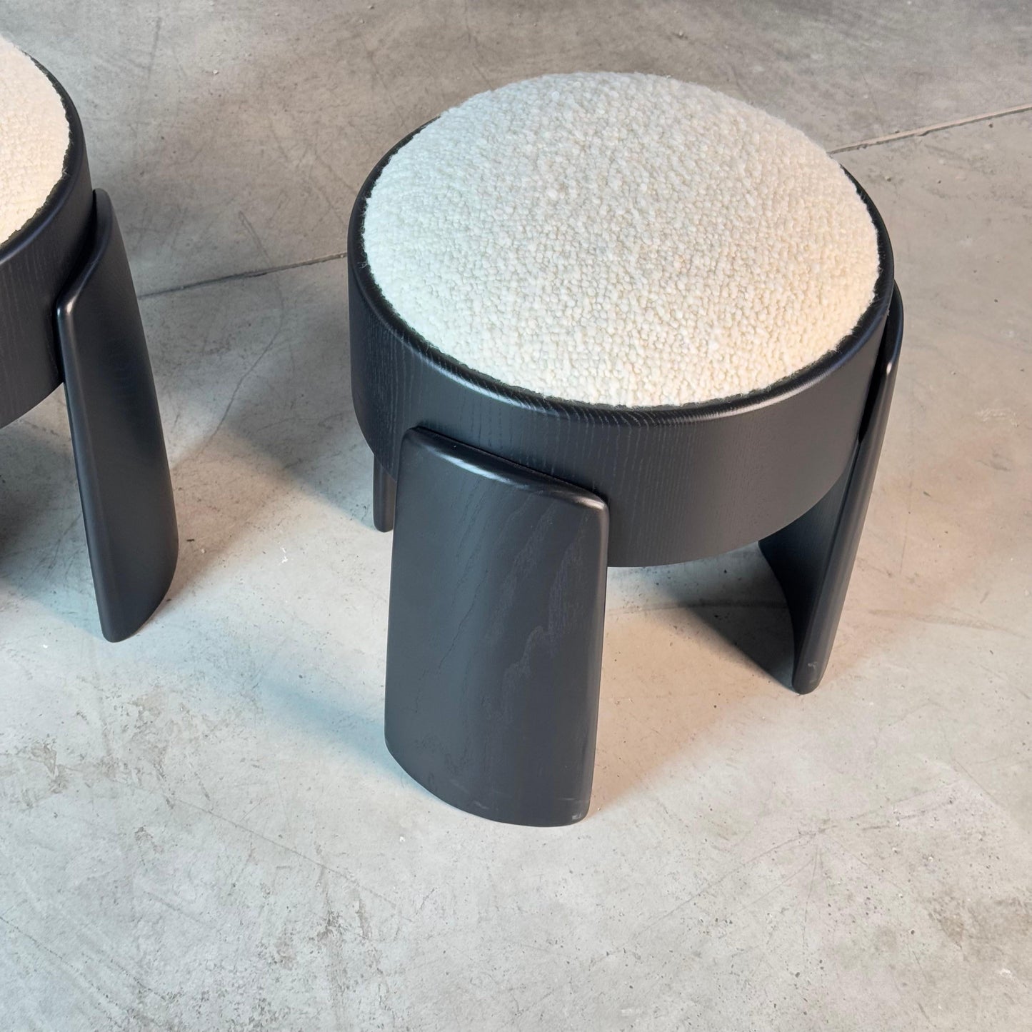 Sculptural Pair of Black Ash Wood Stools with Dedar Milano Boucle Ivory by FORME Stools