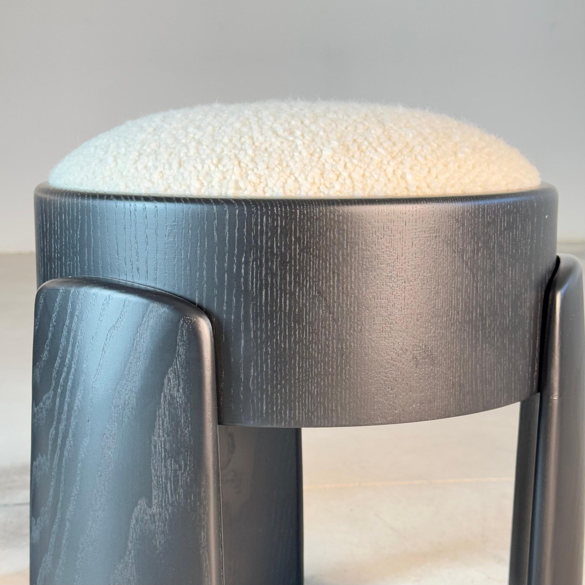 Sculptural Pair of Black Ash Wood Stools with Dedar Milano Boucle Ivory by FORME Stools