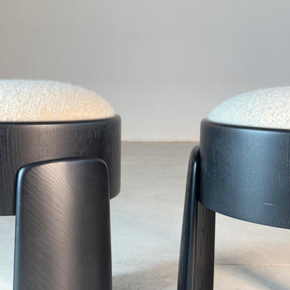Sculptural Pair of Black Ash Wood Stools with Dedar Milano Boucle Ivory by FORME Stools