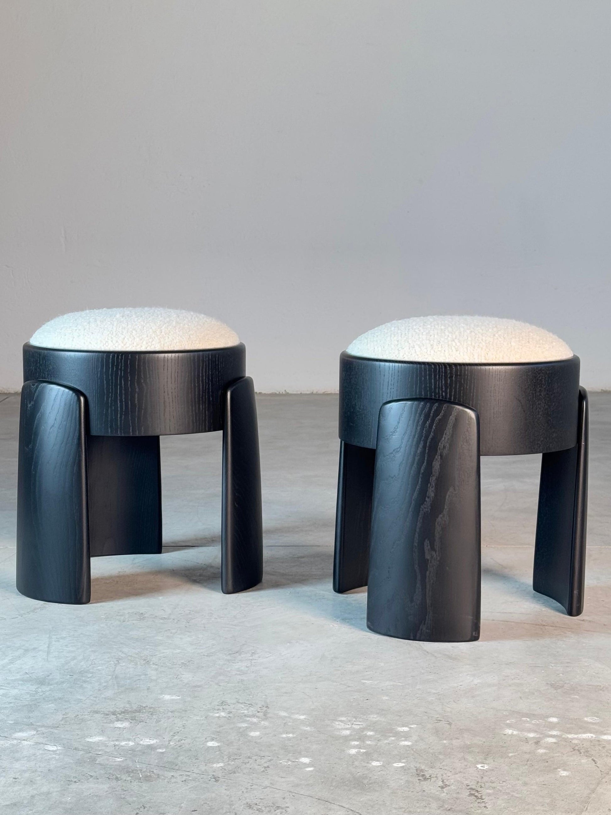 Sculptural Pair of Black Ash Wood Stools with Dedar Milano Boucle Ivory by FORME Stools