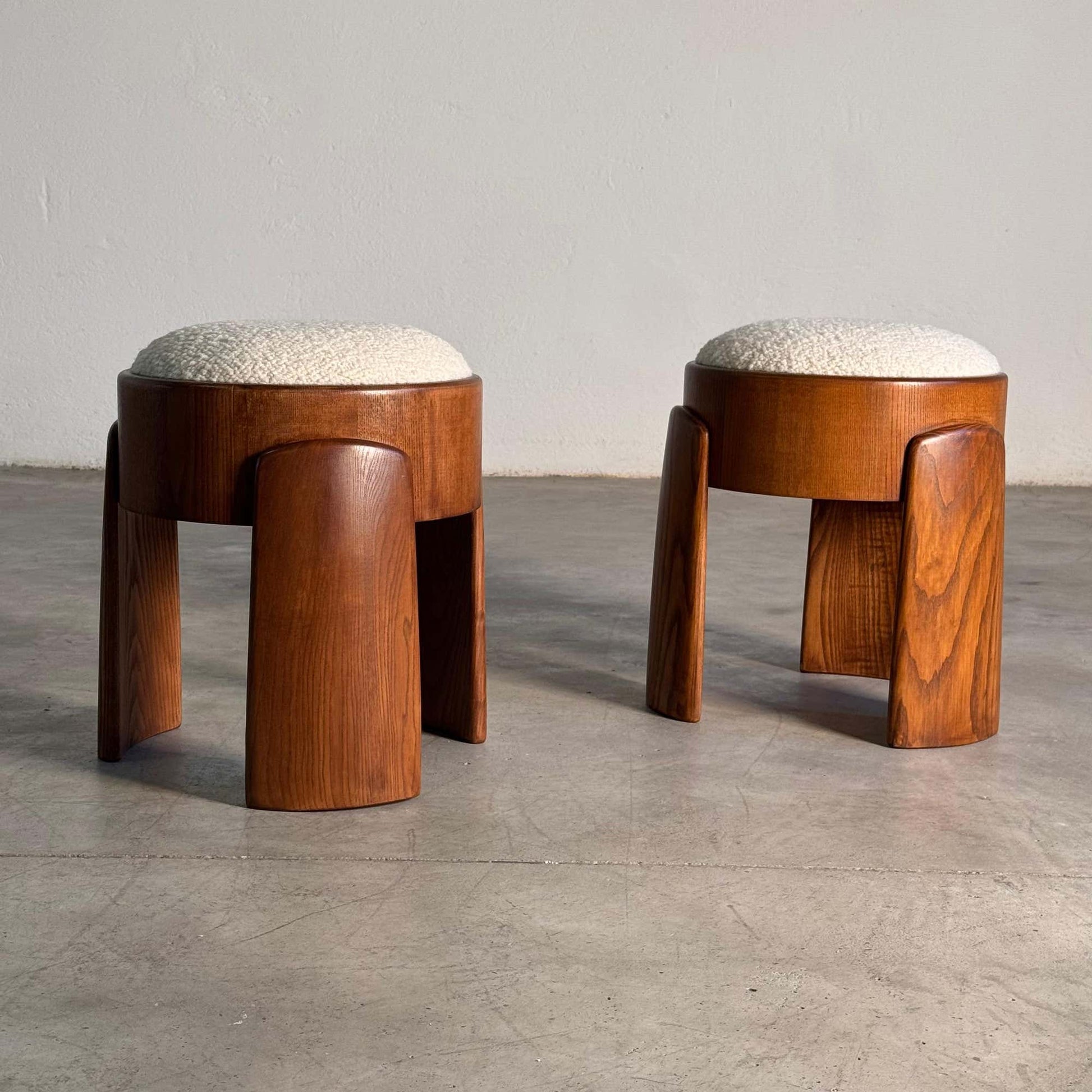 Sculptural Wooden Stools with Dedar Boucle Fabric by Forme Stools