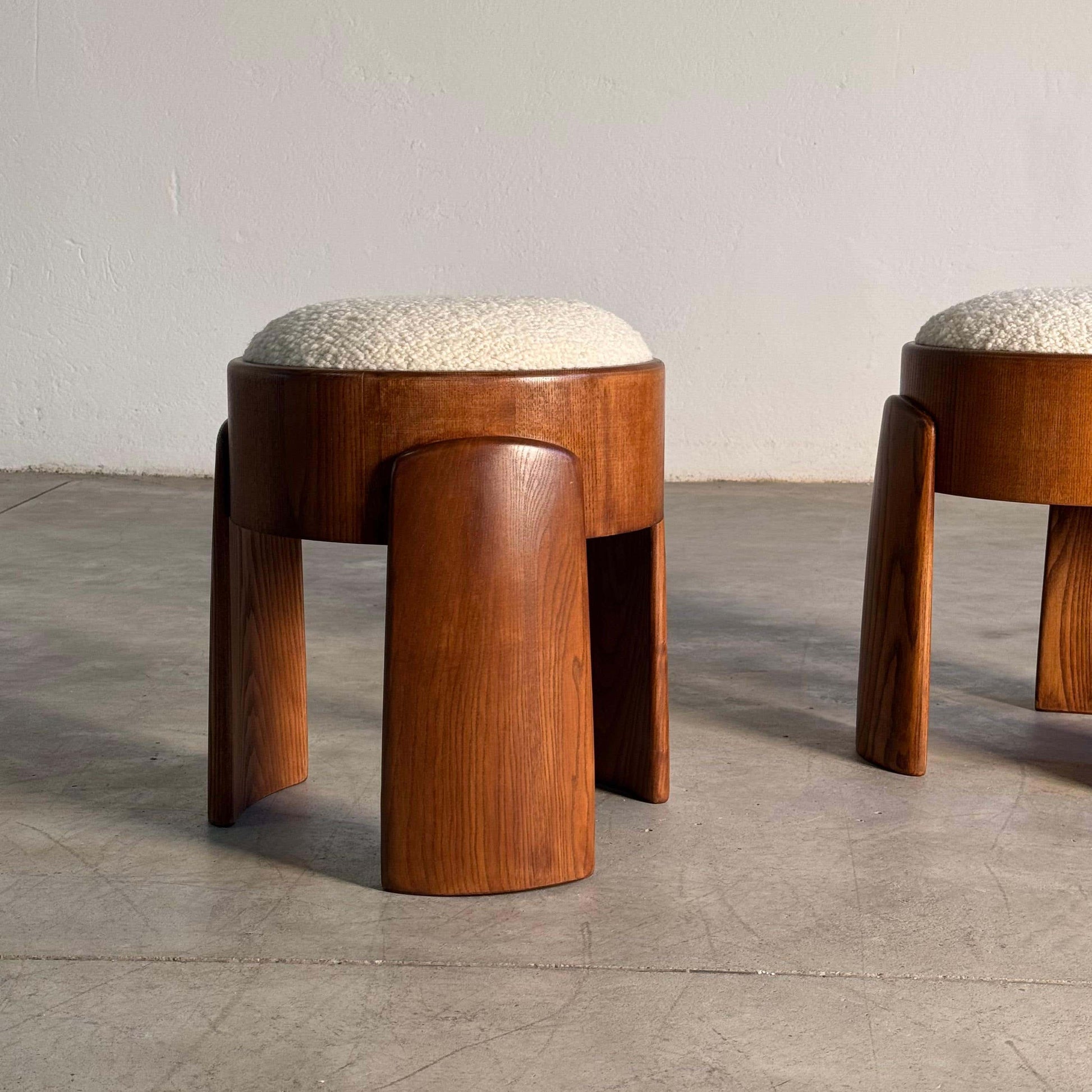 Sculptural Wooden Stools with Dedar Boucle Fabric by Forme Stools
