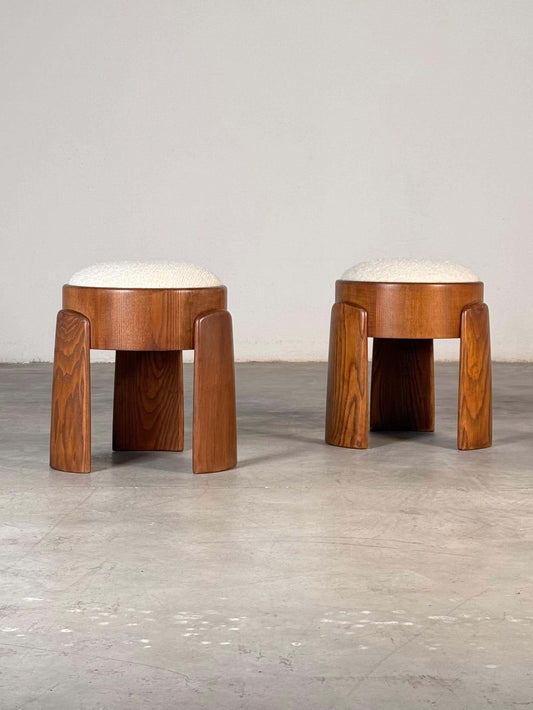 Sculptural Wooden Stools with Dedar Boucle Fabric by Forme Stools