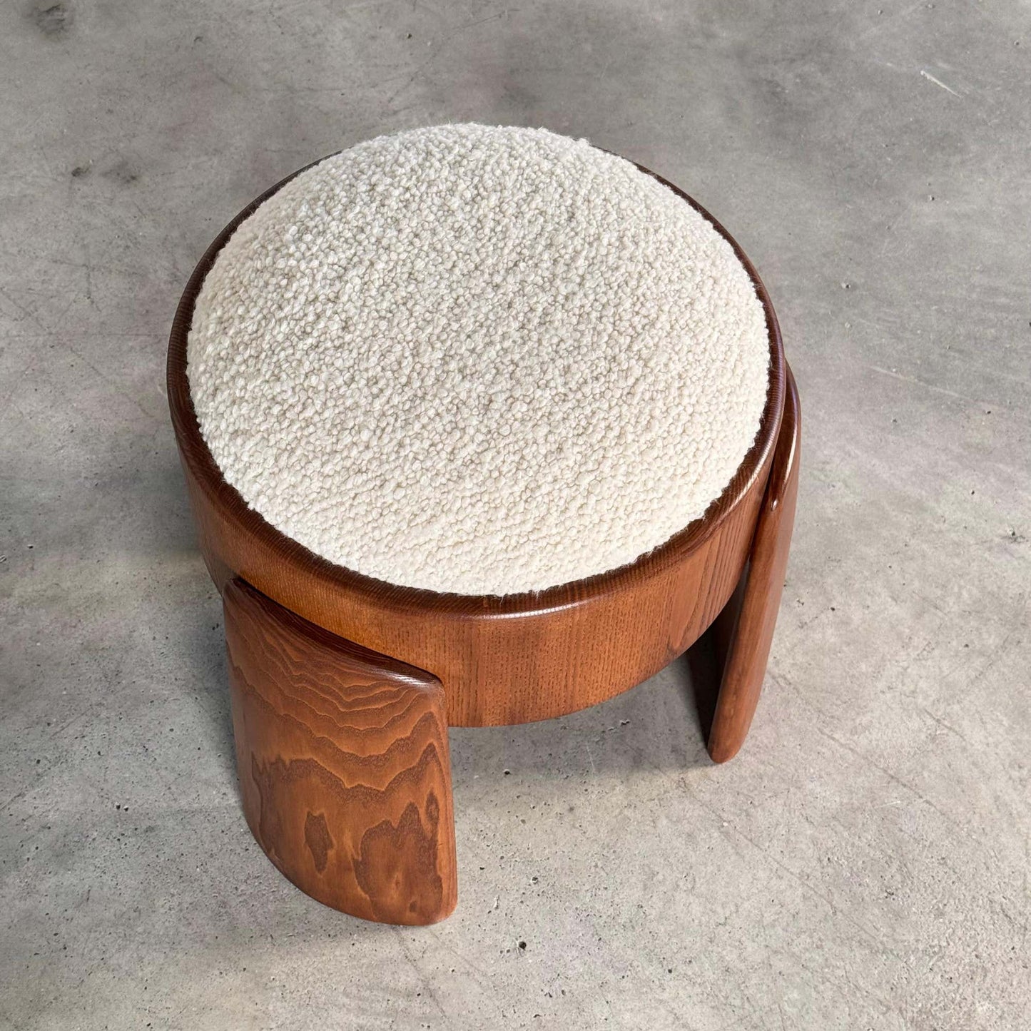 Sculptural Wooden Stools with Dedar Boucle Fabric by Forme Stools