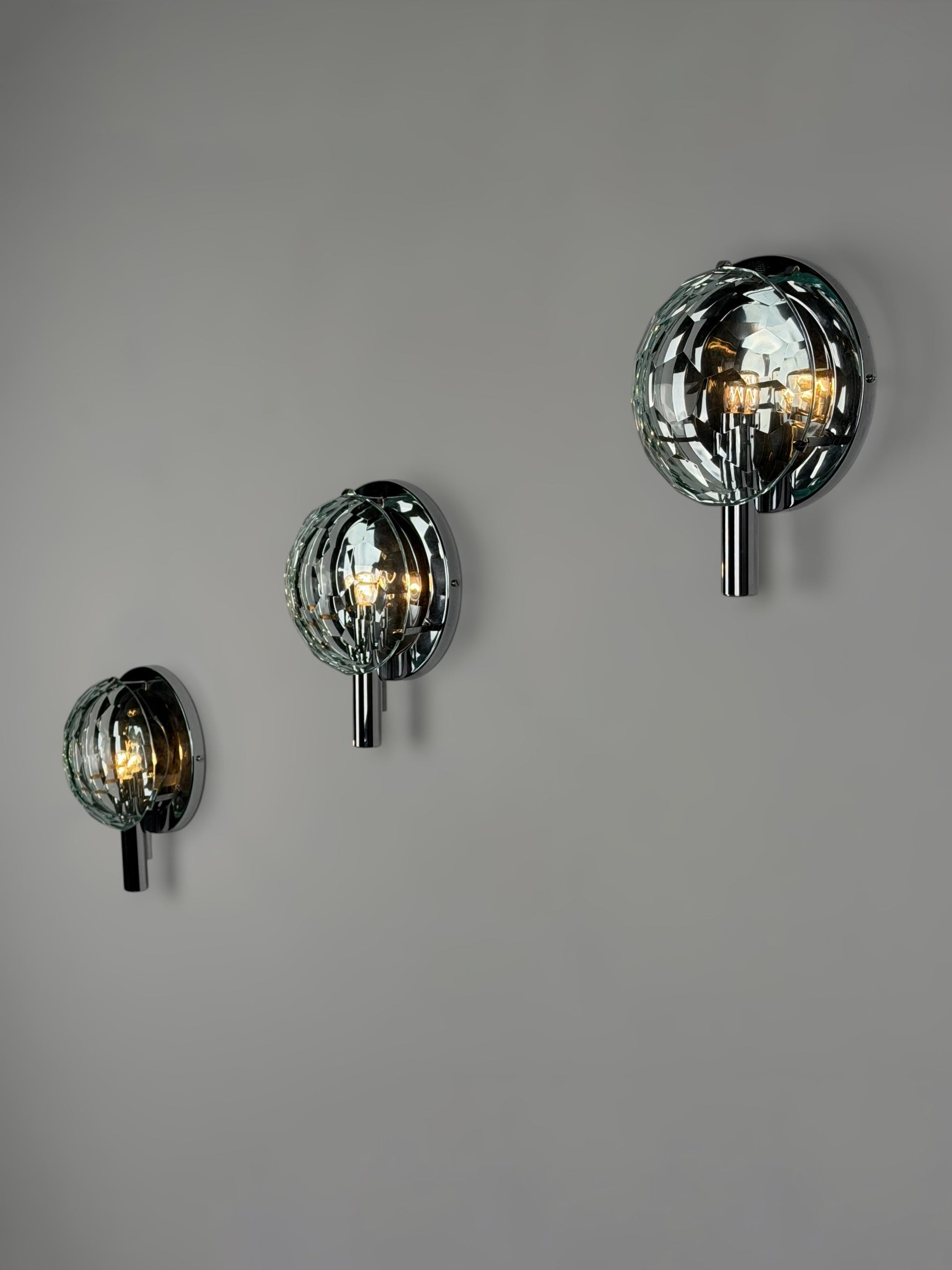 Set of 3 Faceted Glass Wall Lights by Pia Guidetti Crippa for Lumi Milano, 1960s Sconces