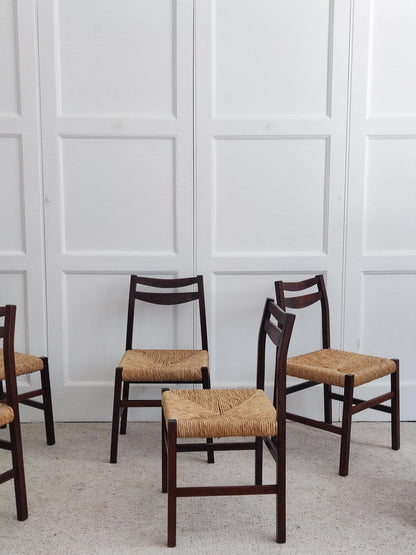Set of 6 Wood & Wicker Italian Chairs, 1960s Dining Chairs