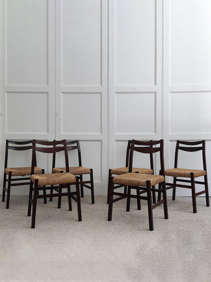 Set of 6 Wood & Wicker Italian Chairs, 1960s Dining Chairs