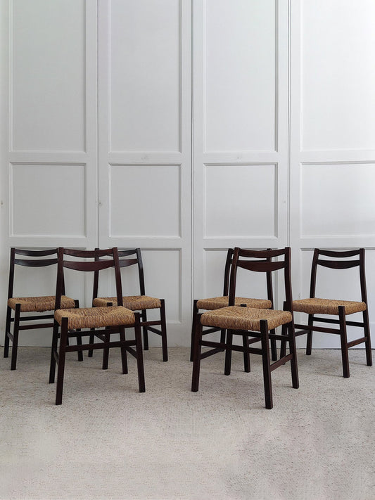 Set of 6 Wood & Wicker Italian Chairs, 1960s Dining Chairs