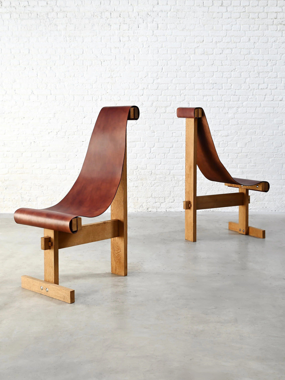 Set of Two 1970s In the Style of Dominique Zimbacca Sling Chairs, Leather and Solid Wood Chairs