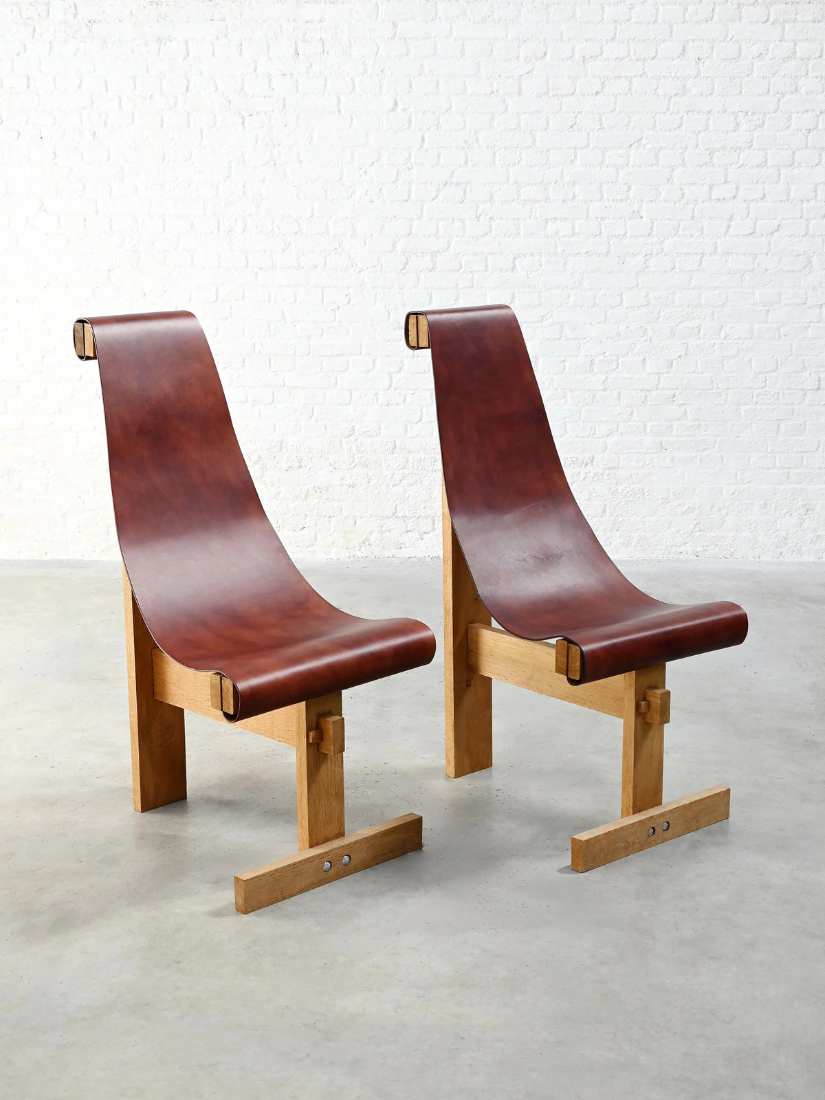 Set of Two 1970s In the Style of Dominique Zimbacca Sling Chairs, Leather and Solid Wood Chairs