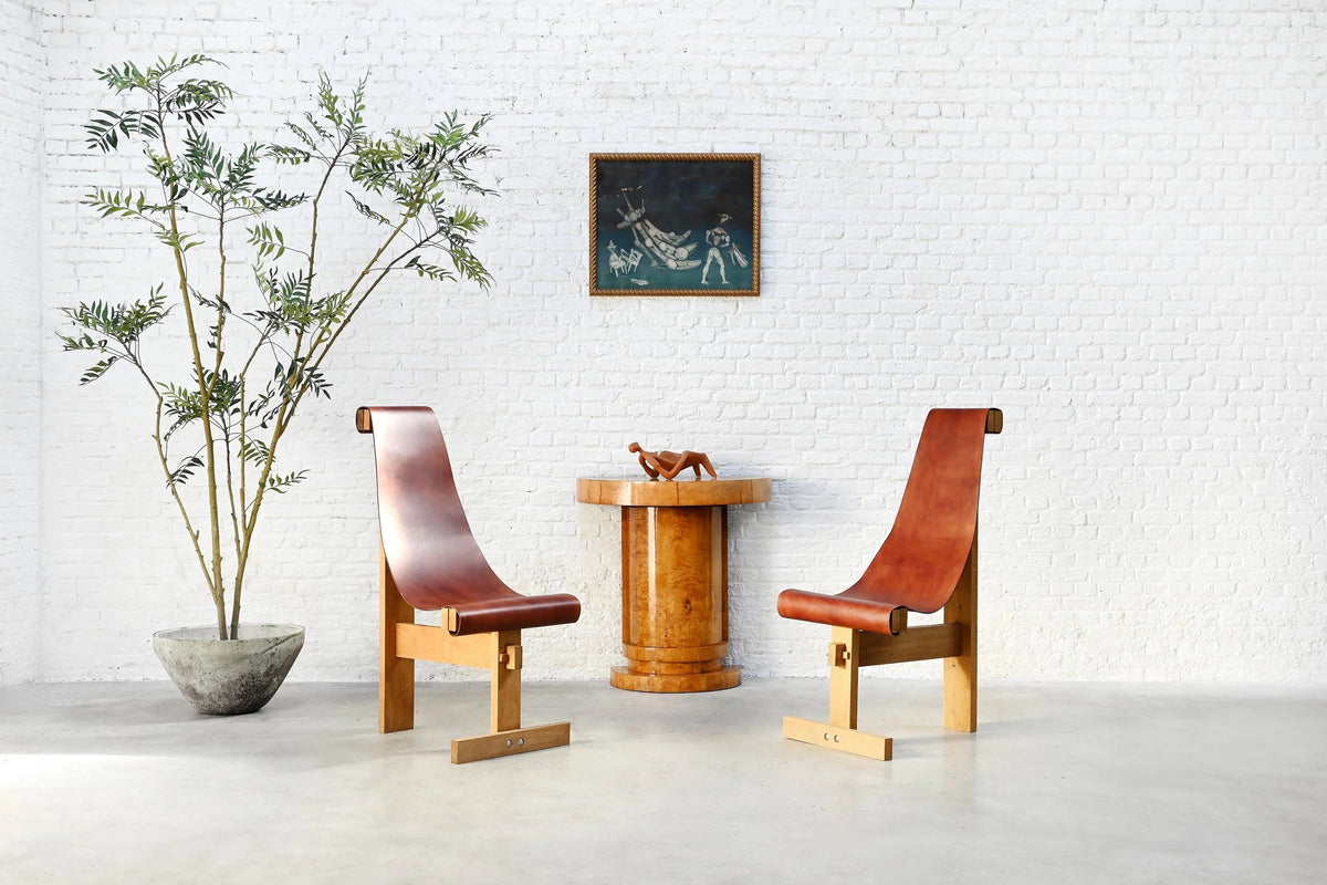 Set of Two 1970s In the Style of Dominique Zimbacca Sling Chairs, Leather and Solid Wood Chairs