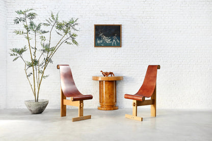 Set of Two 1970s In the Style of Dominique Zimbacca Sling Chairs, Leather and Solid Wood Chairs