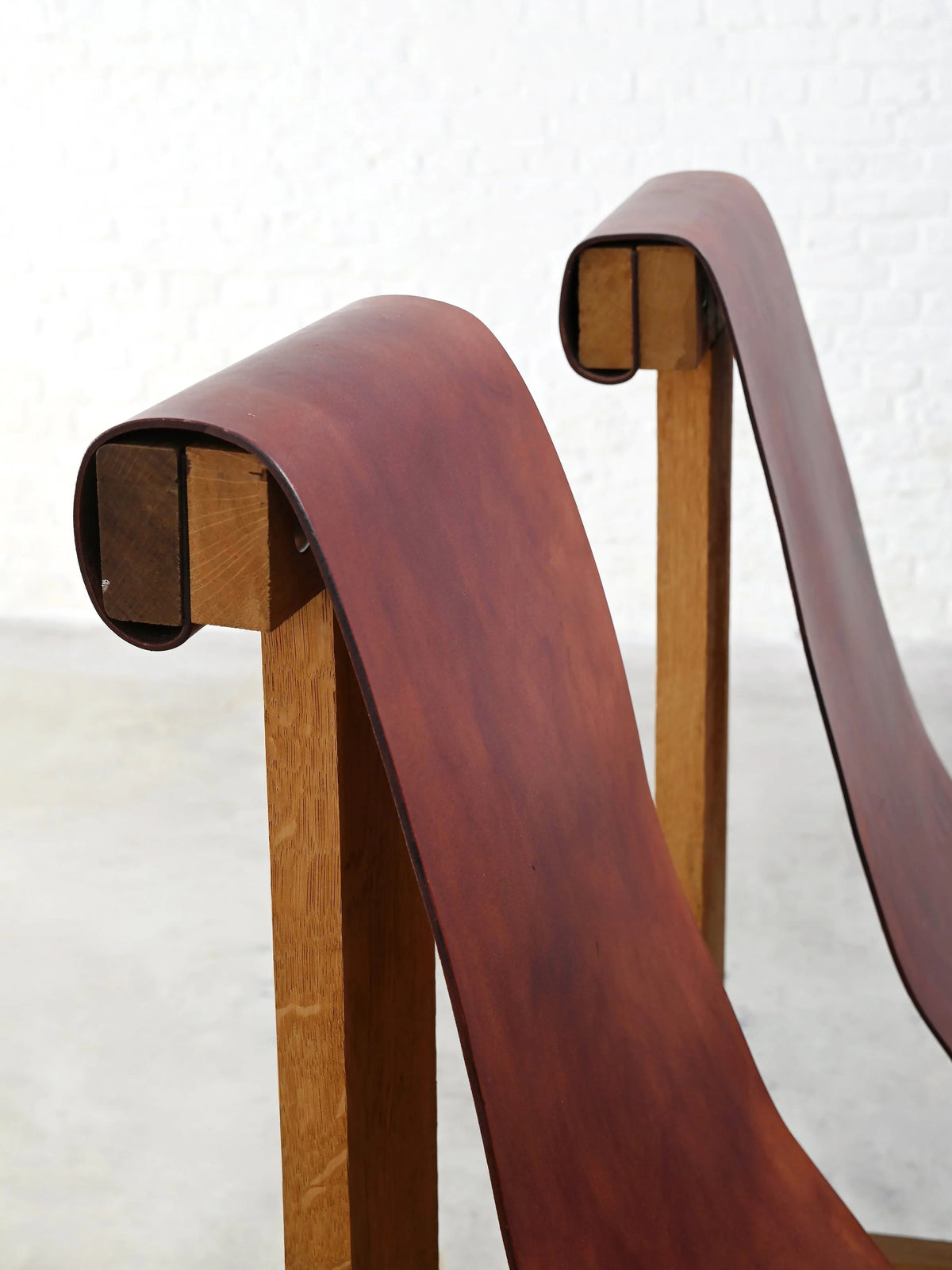 Set of Two 1970s In the Style of Dominique Zimbacca Sling Chairs, Leather and Solid Wood Chairs