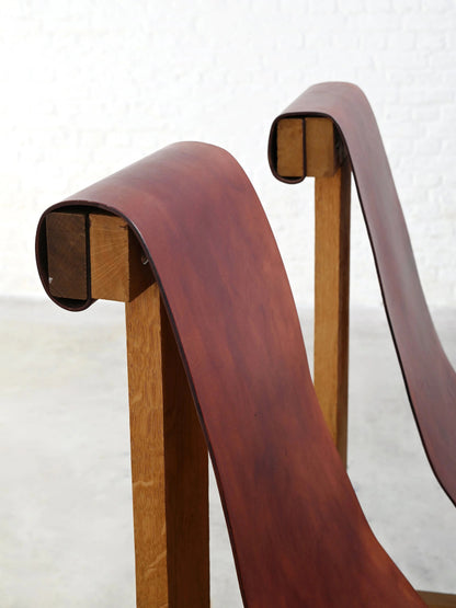 Set of Two 1970s In the Style of Dominique Zimbacca Sling Chairs, Leather and Solid Wood Chairs