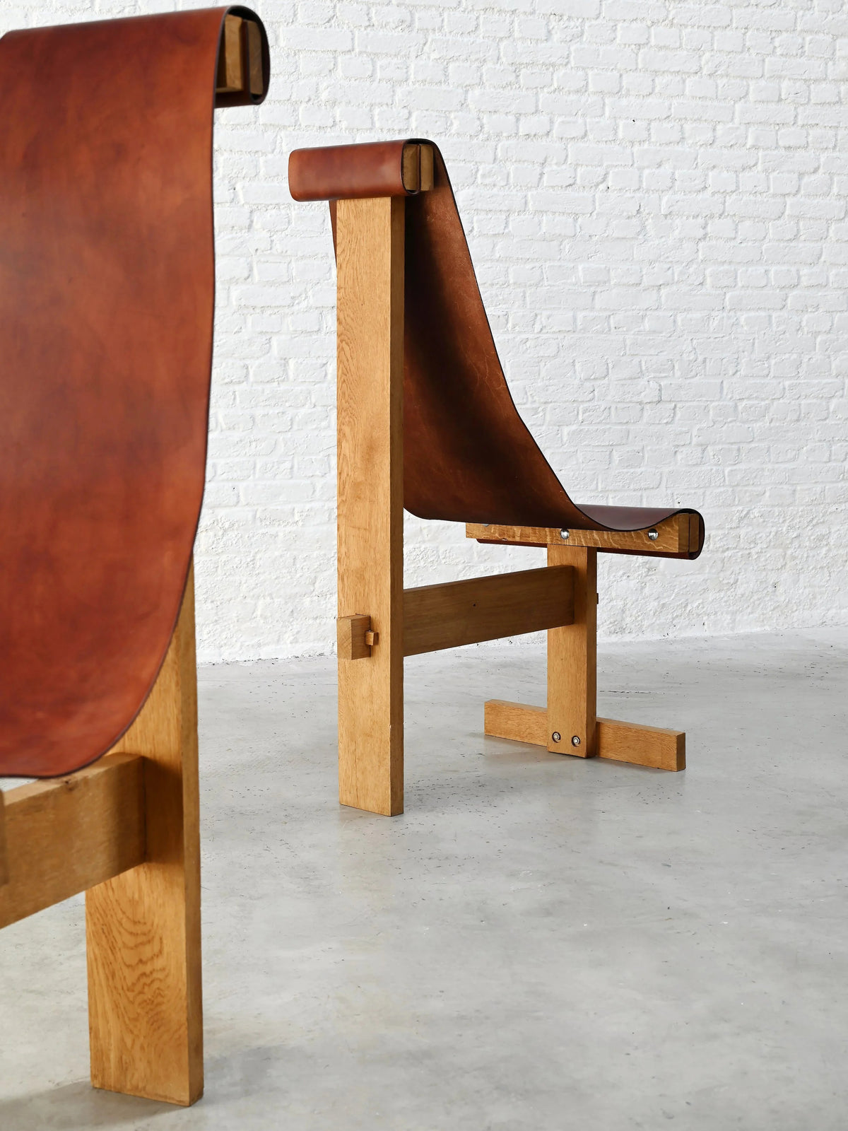 Set of Two 1970s In the Style of Dominique Zimbacca Sling Chairs, Leather and Solid Wood Chairs
