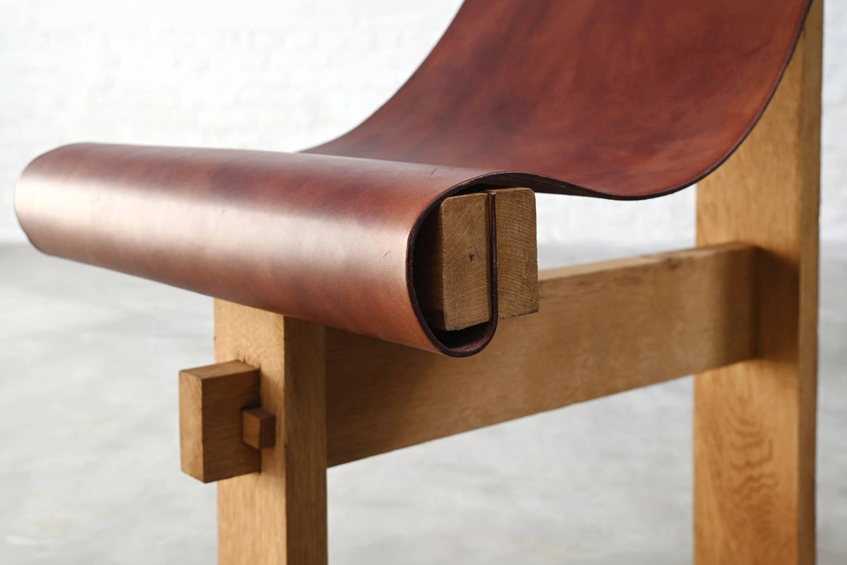 Set of Two 1970s In the Style of Dominique Zimbacca Sling Chairs, Leather and Solid Wood Chairs