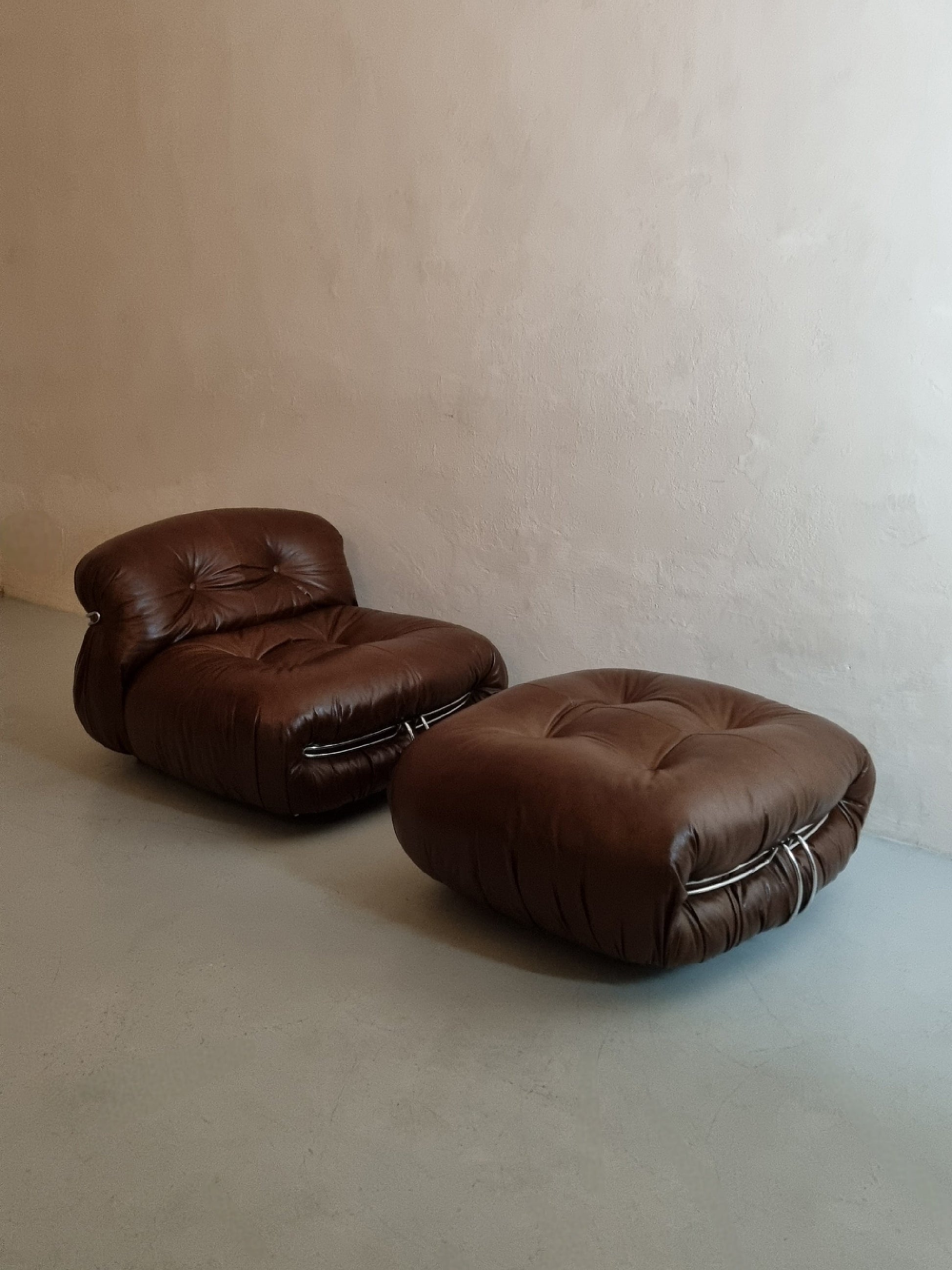 Soriana Brown Armchairs & Footrest by Afra E Tobia Scarpa for Cassina Chairs