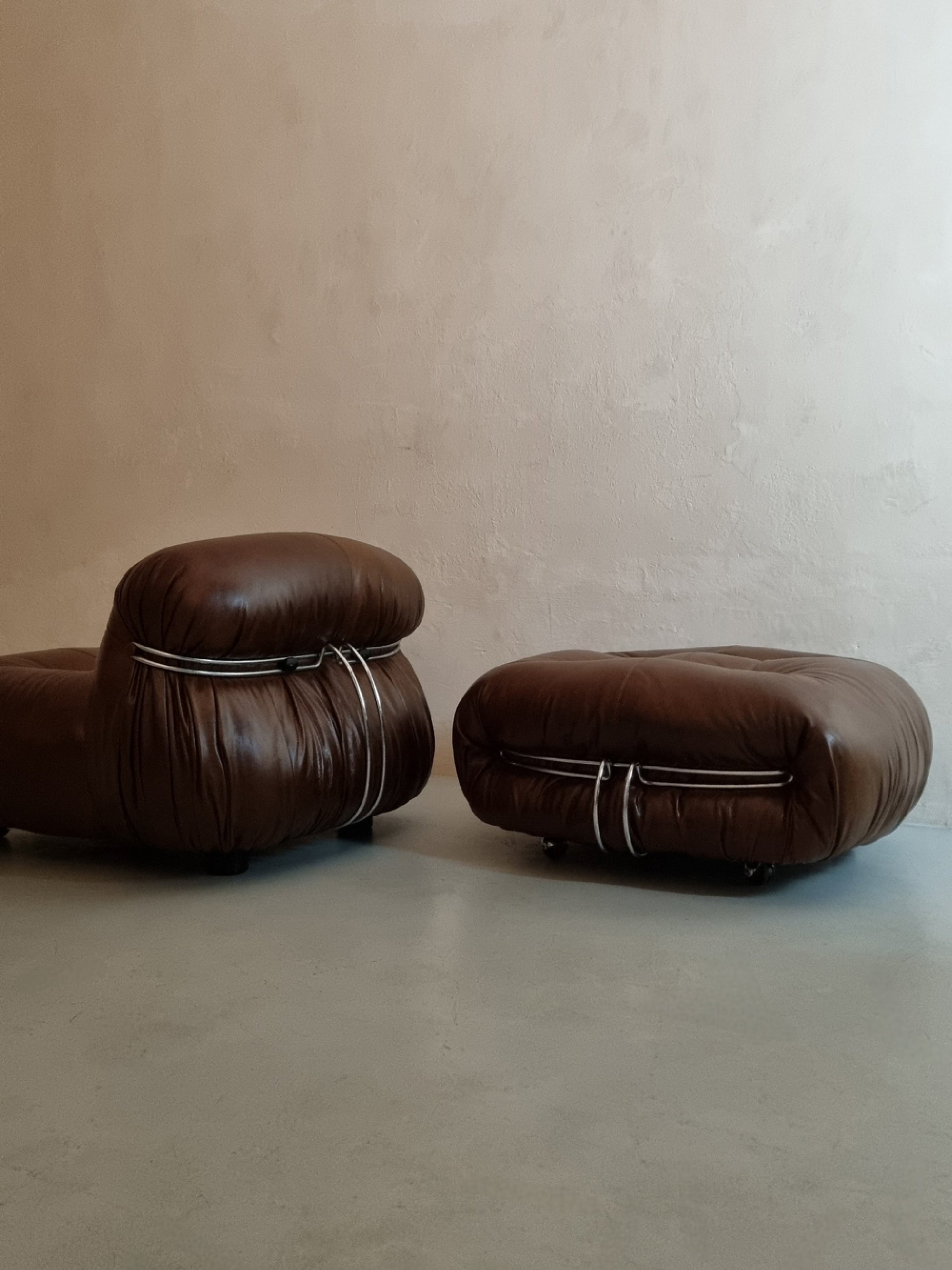 Soriana Brown Armchairs & Footrest by Afra E Tobia Scarpa for Cassina Chairs