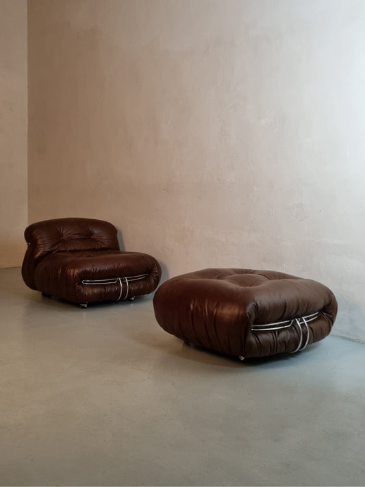 Soriana Brown Armchairs & Footrest by Afra E Tobia Scarpa for Cassina Chairs