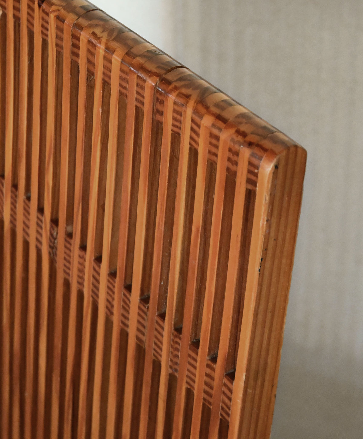 Brutalist wood Strips occasional chair, detail of the finely spaced vertical slats