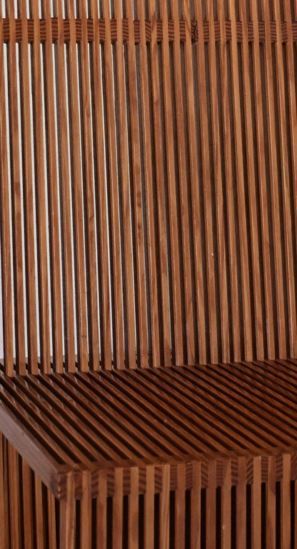 Brutalist wood Strips occasional chair, detail of the slatted back and seat together