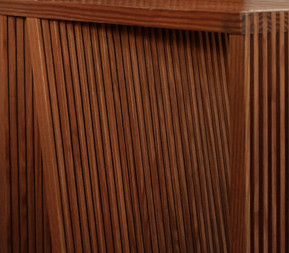Brutalist wood Strips occasional chair, close detail of the slat spacing