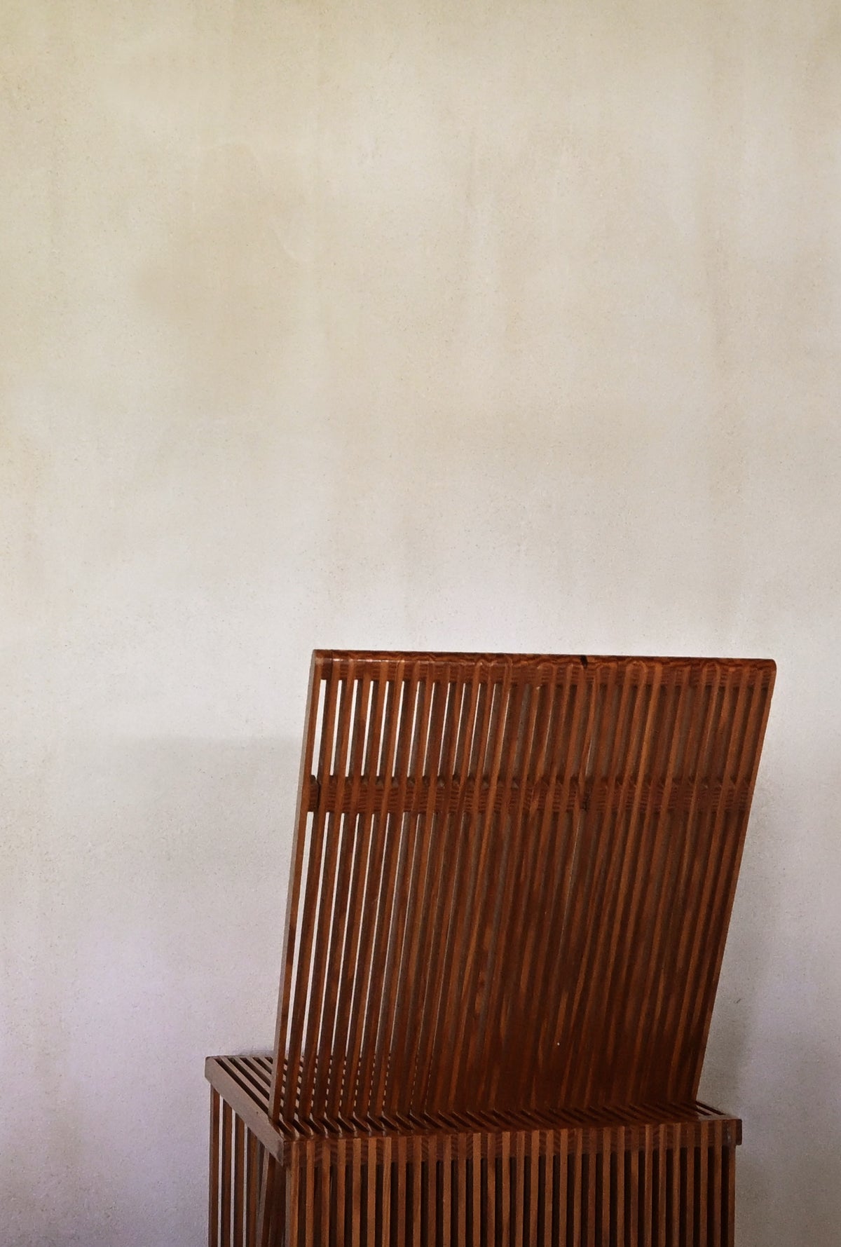 Brutalist wood Strips occasional chair, seen from above, backrest and seat