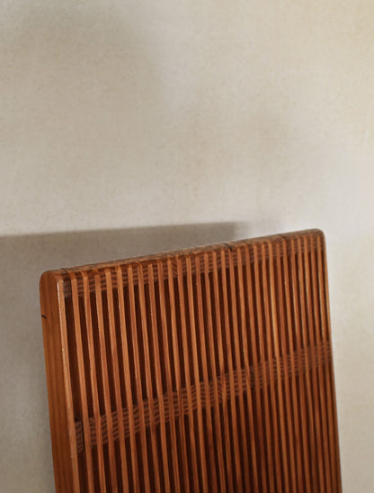 Brutalist wood Strips occasional chair, detail of the backrest slats